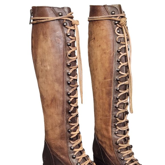 RARE FREEBIRD BY STEVEN ARLO BROWN TAN MULTI LACE UP TALL COMBAT BOOTS - Picture 4 of 9